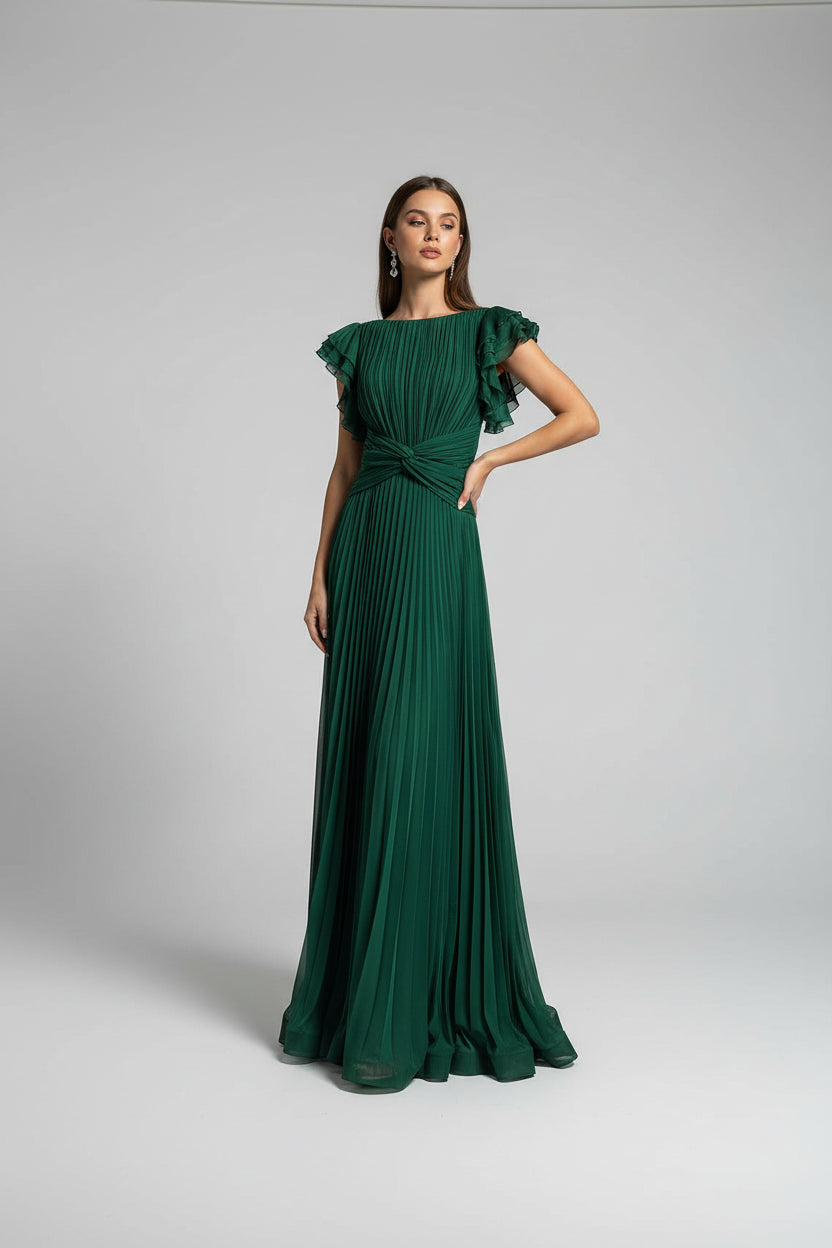 Robe Longue Plissée Manches Volants & Ceinture 3 Coloris | ROBEMODE