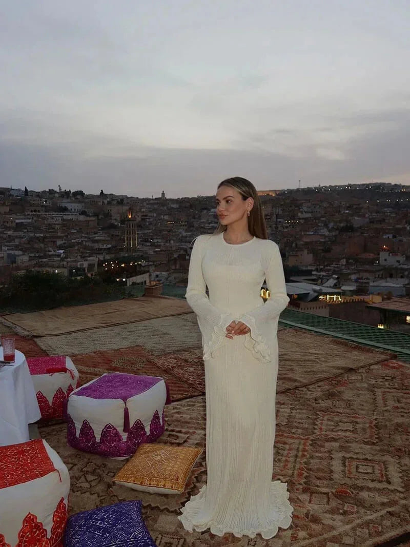 Robe longue femme plissée texturée manches évasées | ROBEMODE
