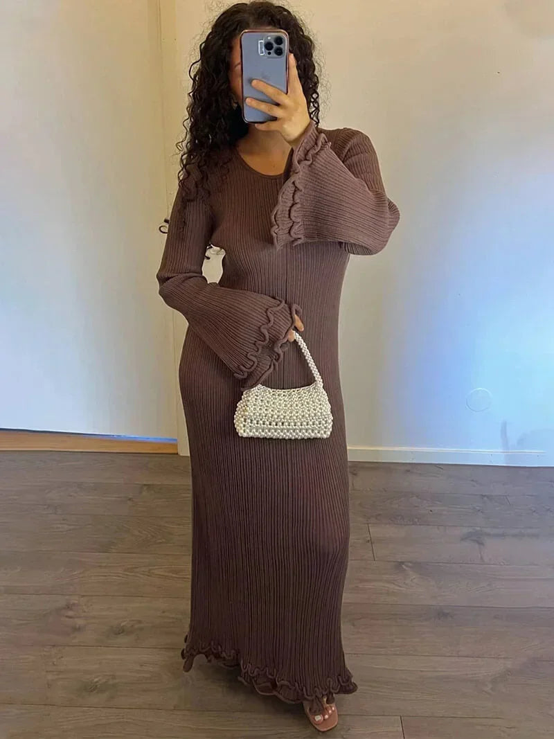 Robe longue femme plissée texturée manches évasées | ROBEMODE