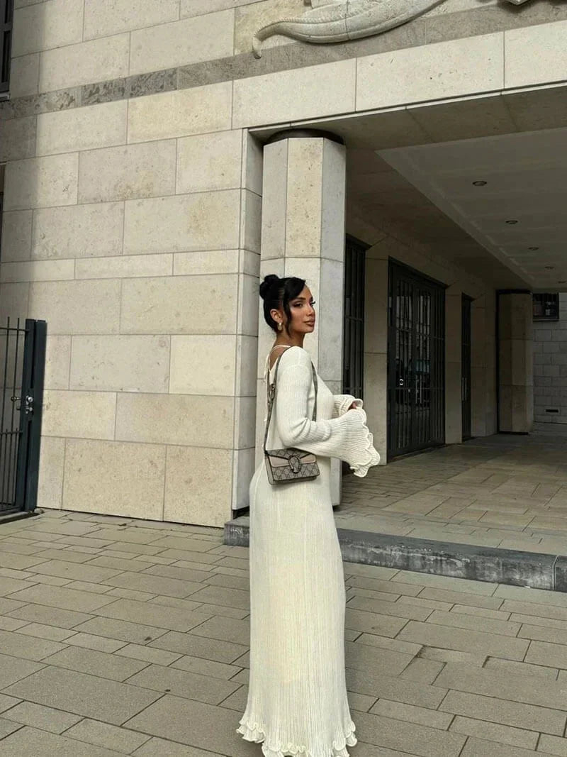 Robe longue femme plissée texturée manches évasées | ROBEMODE