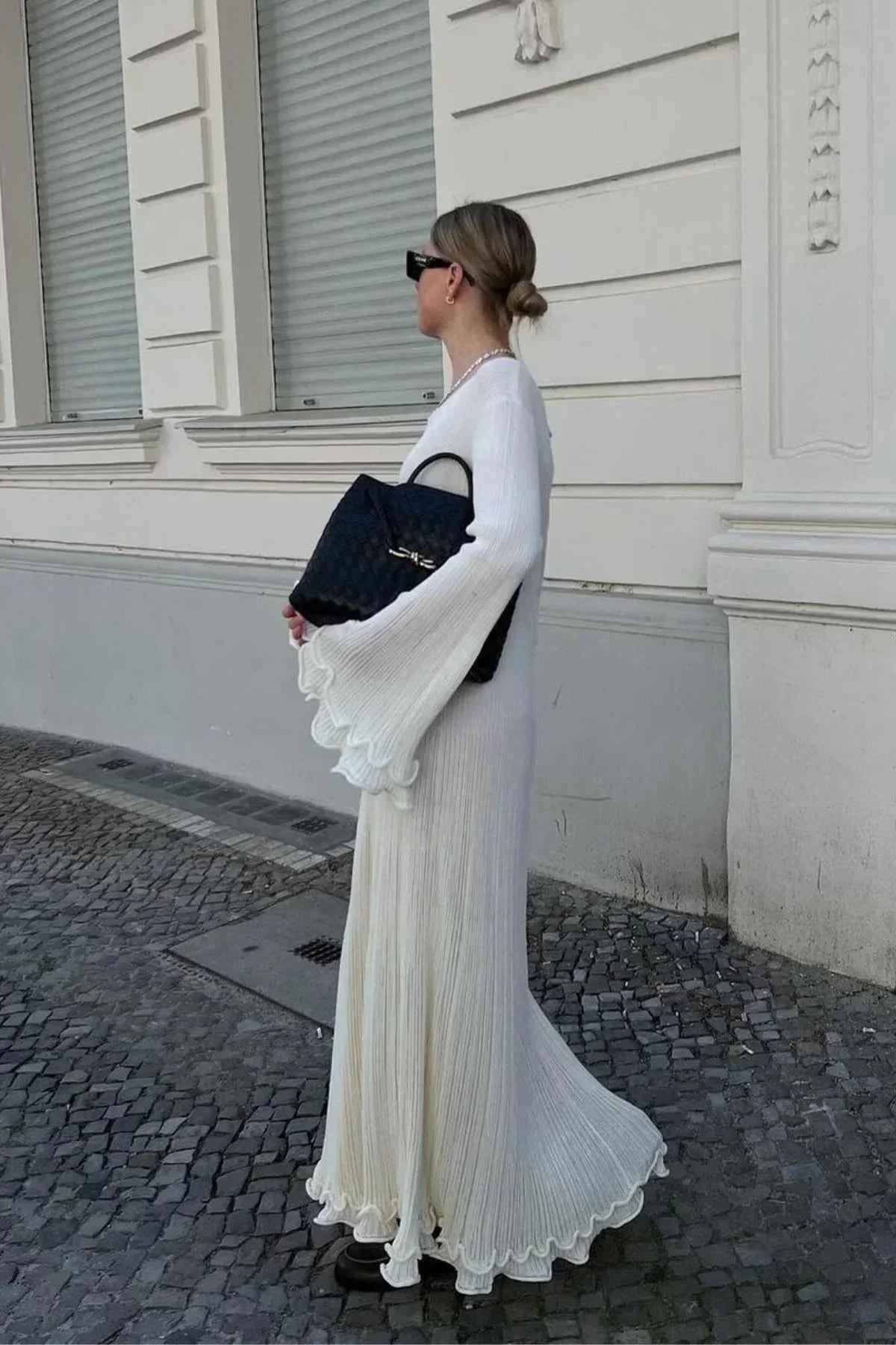 Robe longue femme plissée texturée manches évasées | ROBEMODE