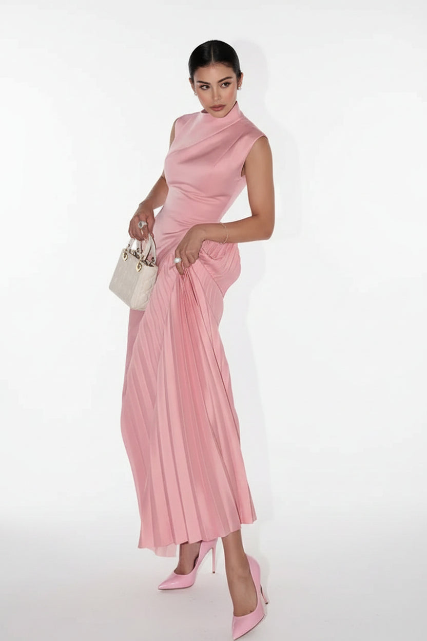 Robe longue rose plissée col asymétrique cérémonie | ROBEMODE