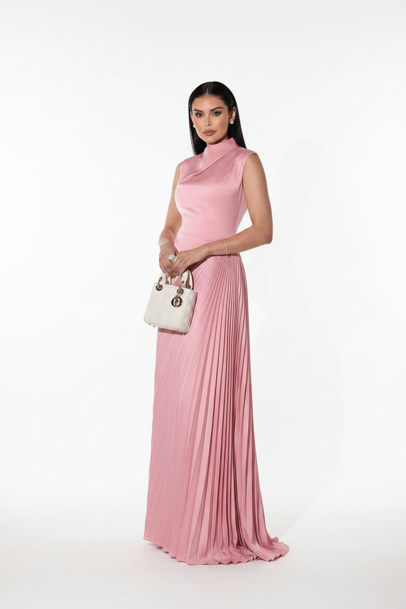 Robe longue rose plissée col asymétrique cérémonie | ROBEMODE