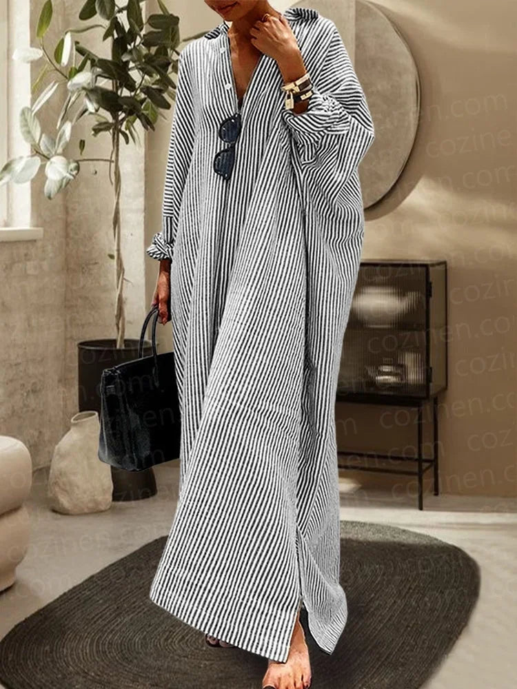 Robe Longue Rayures Col V Manches Longues Fluide 2 Coloris | ROBEMODE