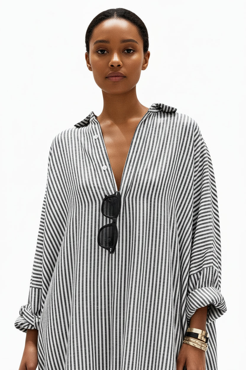 Robe Longue Rayures Col V Manches Longues Fluide 2 Coloris | ROBEMODE