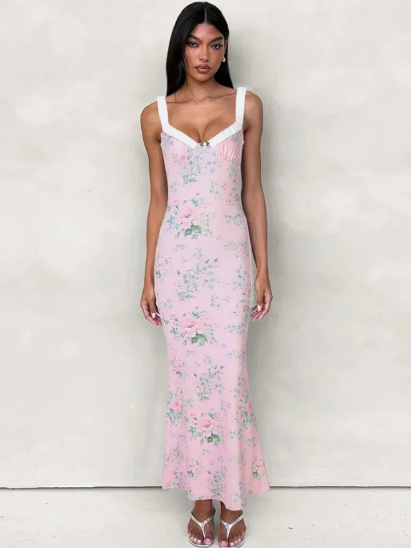 Robe longue femme rose à motifs floraux dos ouvert