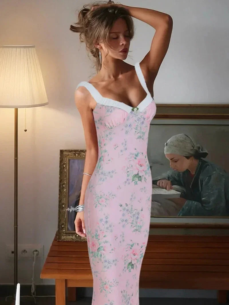 Robe longue femme rose à motifs floraux dos ouvert