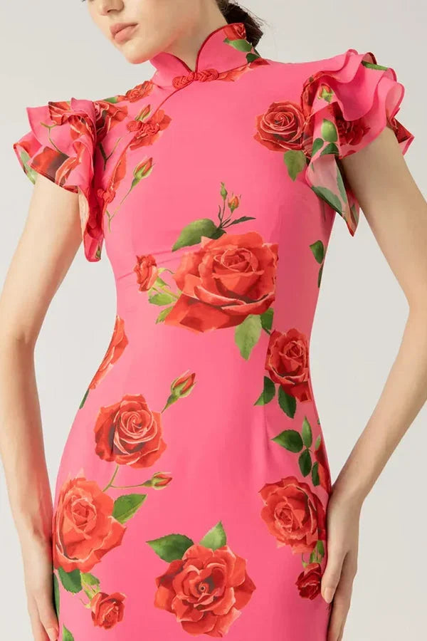 Robe longue femme florale rose à manches volantées | ROBEMODE