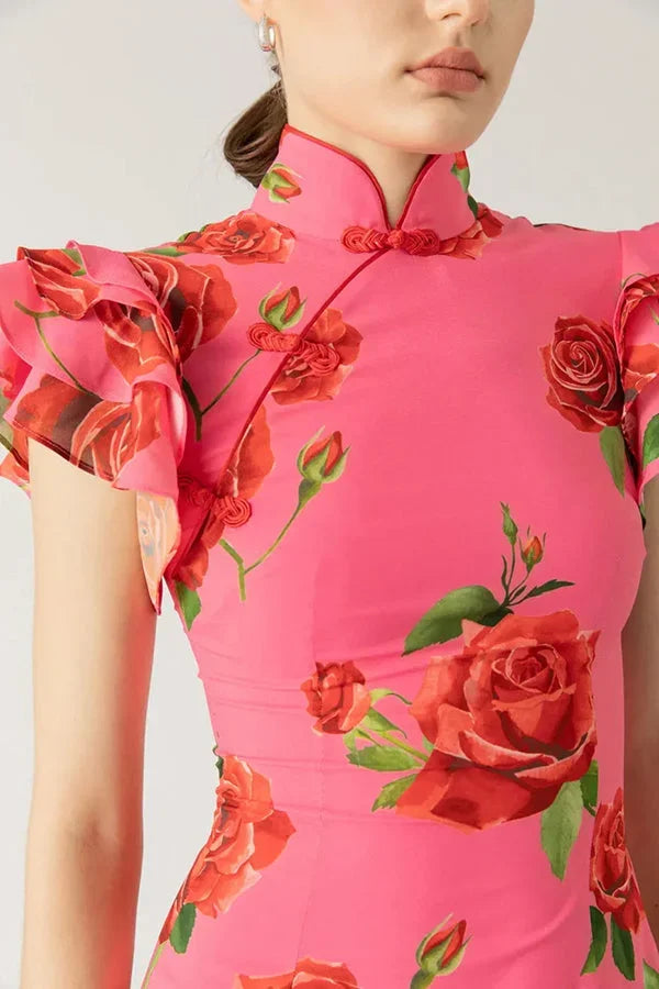 Robe longue femme florale rose à manches volantées | ROBEMODE