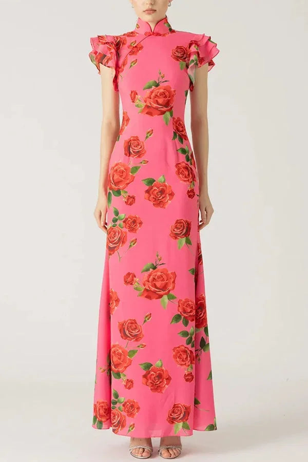 Robe longue femme florale rose à manches volantées | ROBEMODE