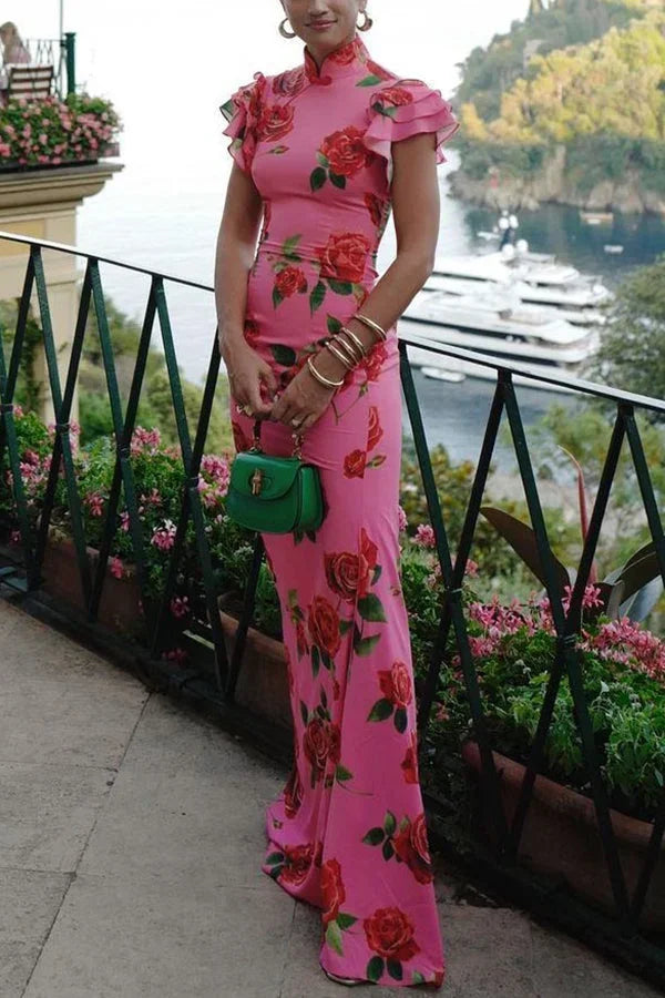 Robe longue femme florale rose à manches volantées | ROBEMODE