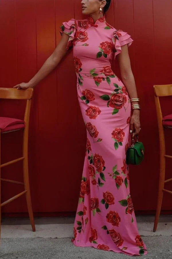 Robe longue femme florale rose à manches volantées