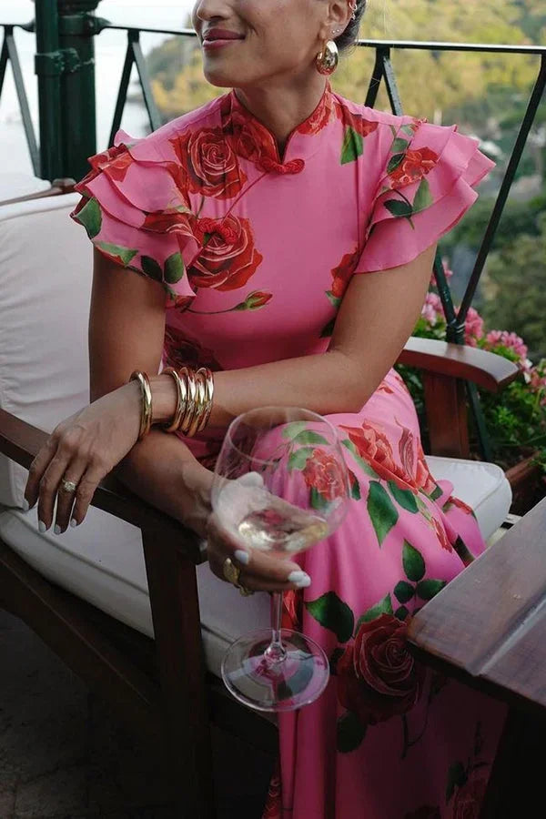 Robe longue femme florale rose à manches volantées | ROBEMODE