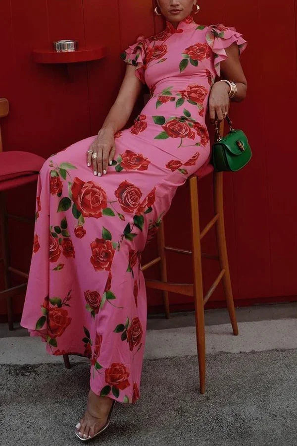 Robe longue femme florale rose à manches volantées | ROBEMODE