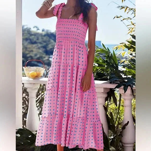 Robe longue rose femme à imprimé et bretelles nouées | Coupe féminine + Style élégant + Facile à accessoiriser – ROBEMODE