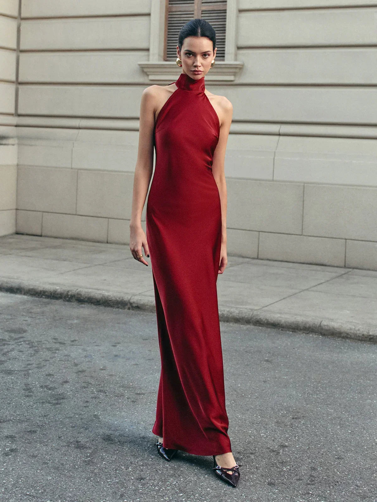 Robe Longue Femme Rouge Dos Nu Nœud Traînant Effet Satin Soirée | ROBEMODE