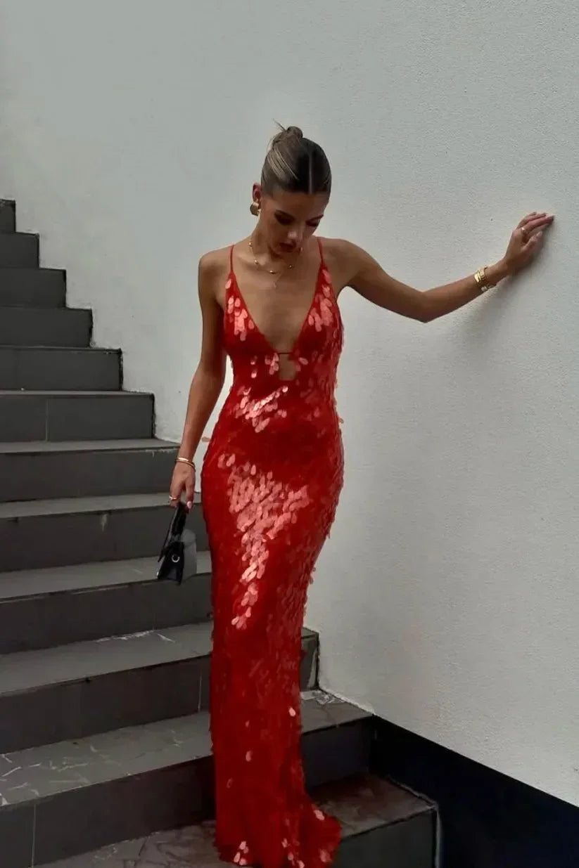 Robe Longue Femme Rouge à Sequins Bretelles Fines Soirée | ROBEMODE