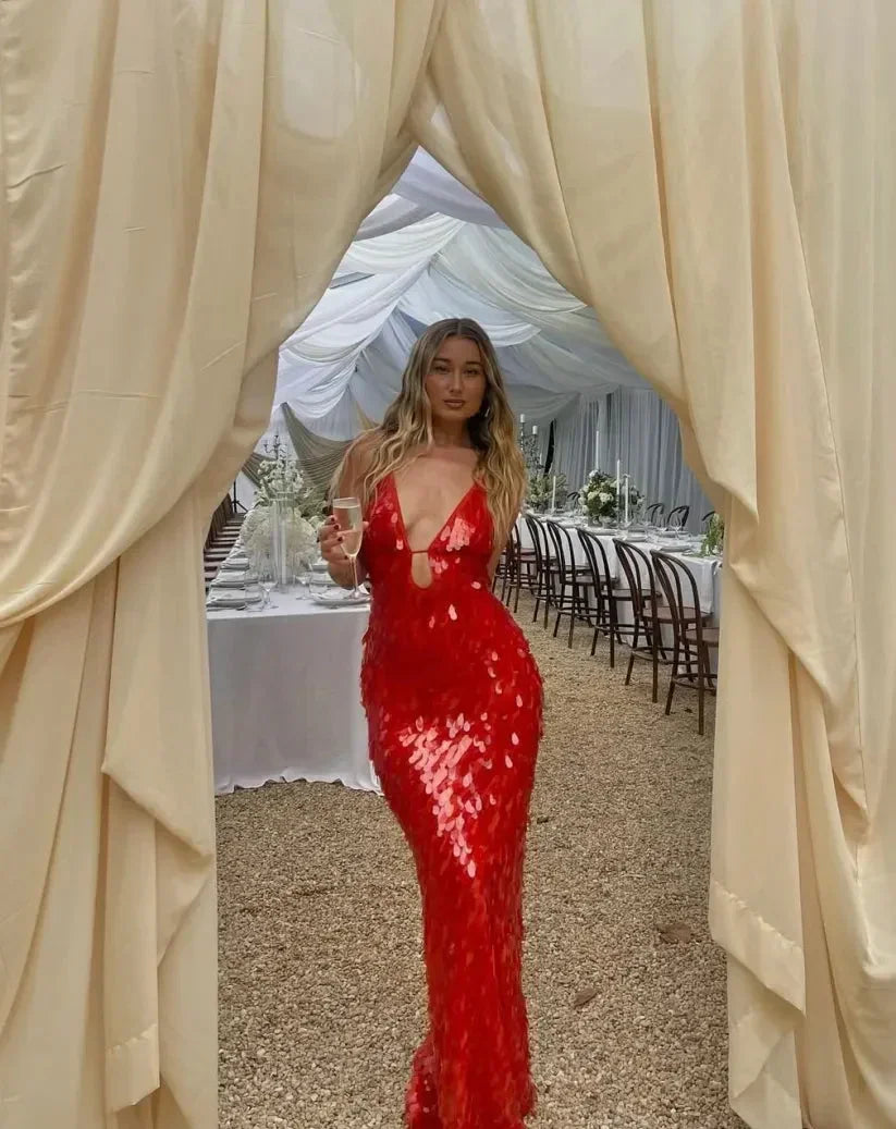 Robe Longue Femme Rouge à Sequins Bretelles Fines Soirée | ROBEMODE