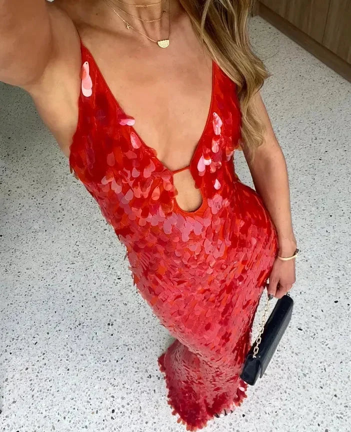 Robe Longue Femme Rouge à Sequins Bretelles Fines Soirée | ROBEMODE