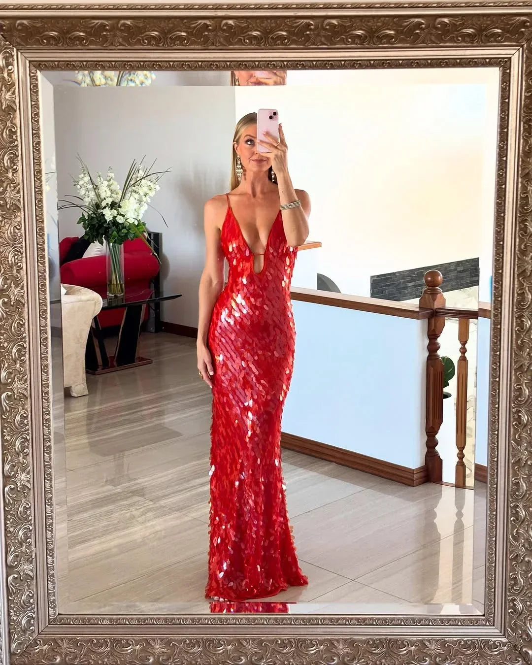 Robe Longue Femme Rouge à Sequins Bretelles Fines Soirée | ROBEMODE
