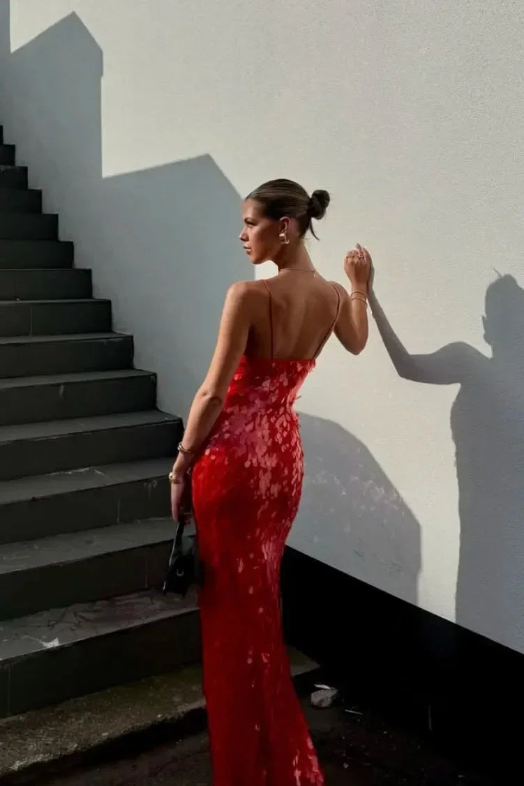 Robe Longue Femme Rouge à Sequins Bretelles Fines Soirée | ROBEMODE