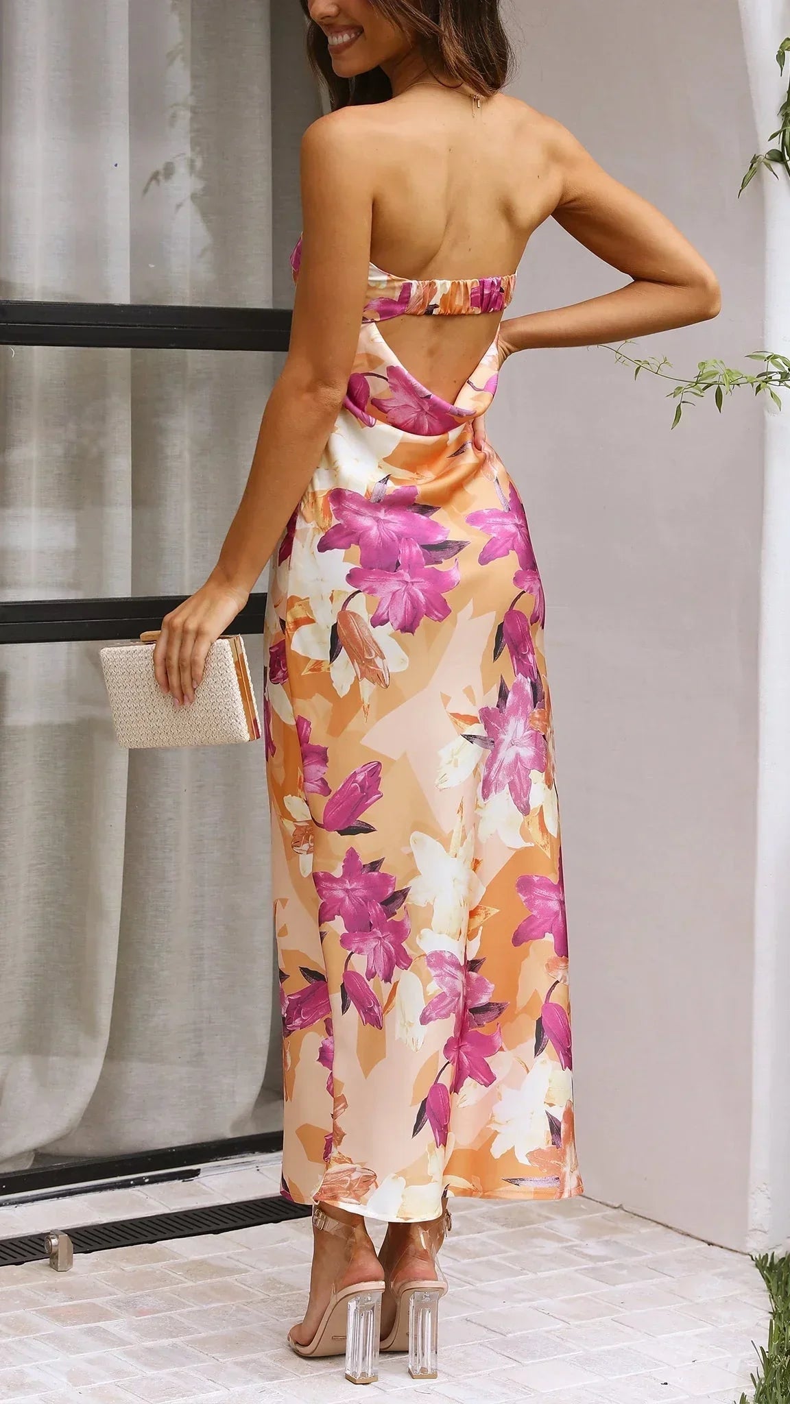 Robe longue femme sans bretelles à motif floral