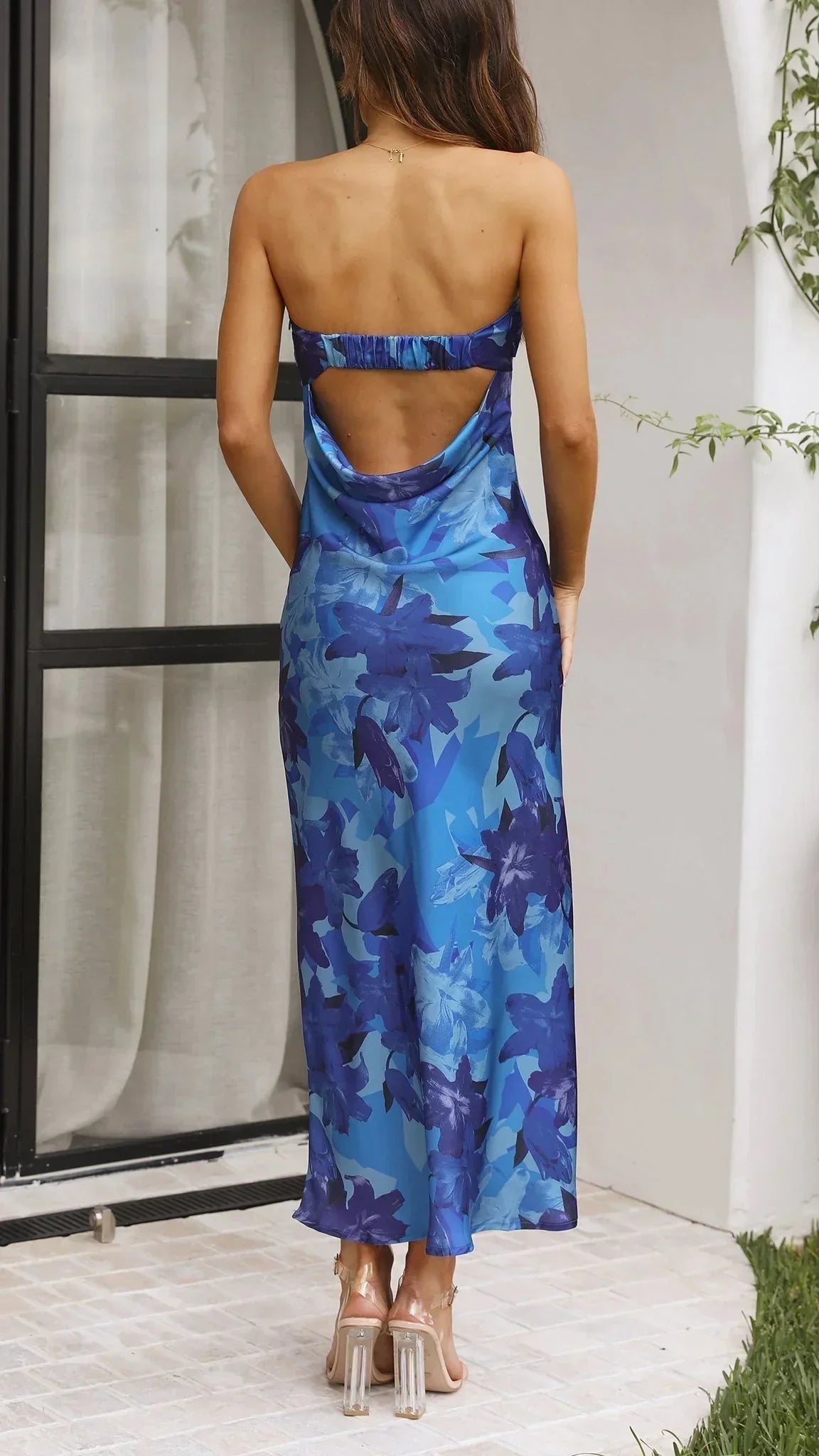 Robe longue femme sans bretelles à motif floral