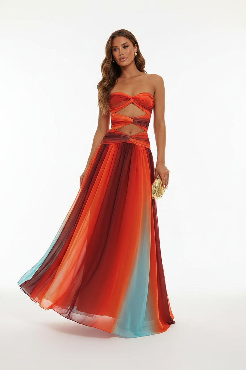 Robe longue femme sans bretelles rouge et orange été | Coupe féminine + Style élégant + Facile à accessoiriser – ROBEMODE