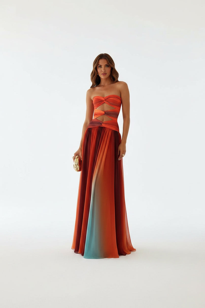 Robe longue femme sans bretelles rouge et orange été | Coupe féminine + Style élégant + Facile à accessoiriser – ROBEMODE