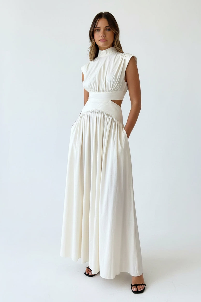 Robe Longue Femme Col Montant Découpes Élégantes Sans Manches | ROBEMODE