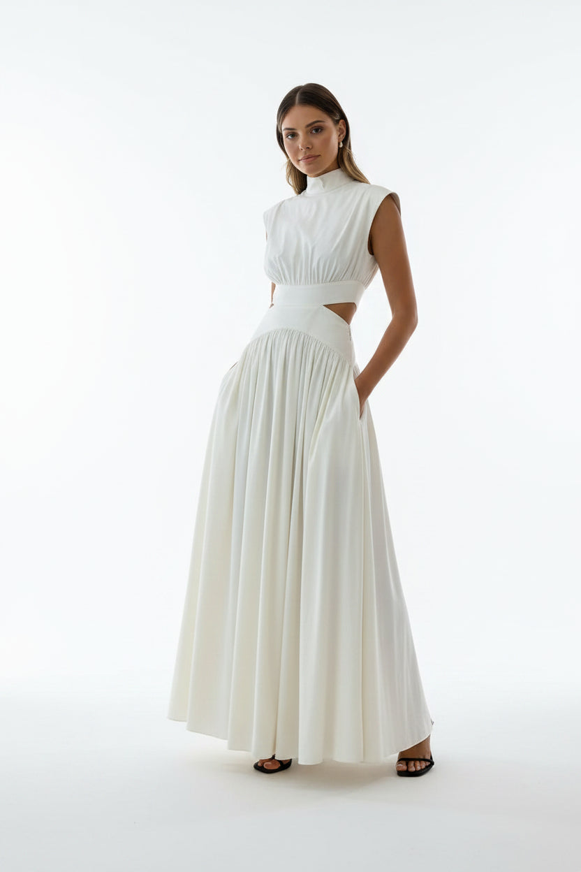 Robe Longue Femme Col Montant Découpes Élégantes Sans Manches | ROBEMODE