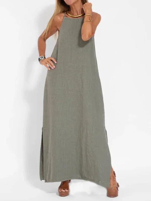 Robe longue femme sans manches en lin décontractée été