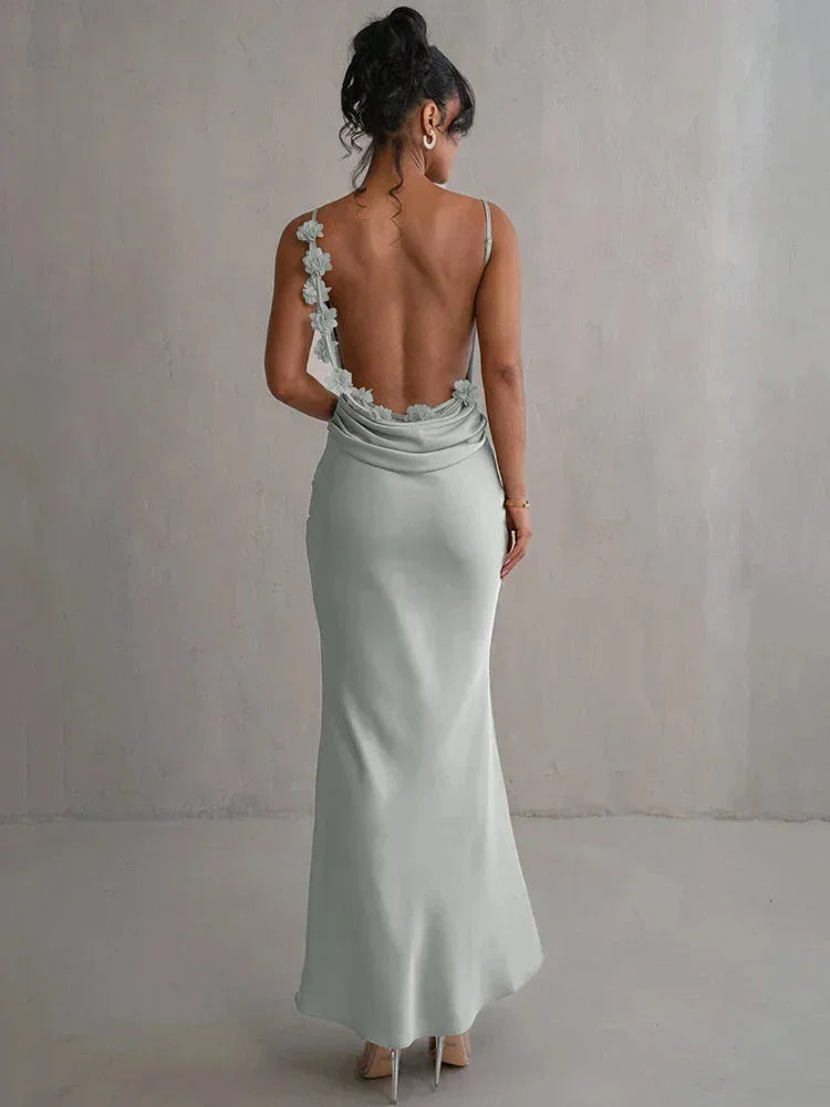 Robe longue dos nu fleurs grise avec bretelles fines | Coupe féminine + Style élégant + Facile à accessoiriser – ROBEMODE