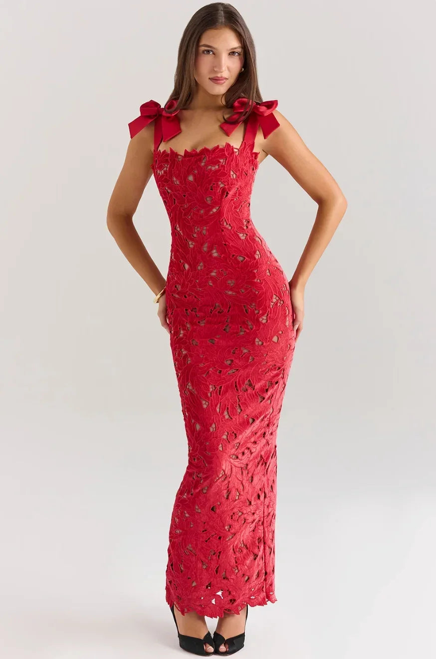 Robe longue femme en dentelle avec nœuds épaules