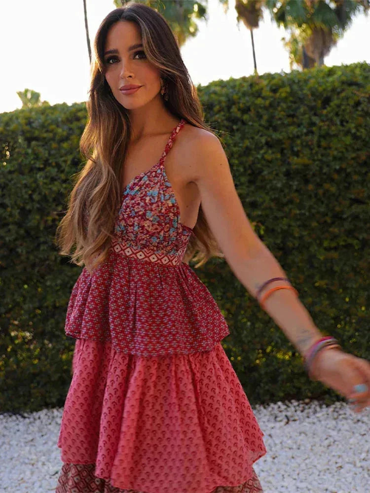 Robe longue femme rouge et rose sans manches à volants | Coupe féminine + Style élégant + Facile à accessoiriser – ROBEMODE