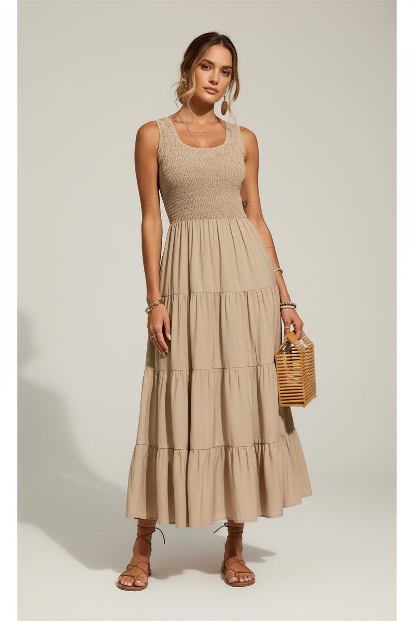 Robe longue femme avec smocks et volants sans manches | Coupe féminine + Style élégant + Facile à accessoiriser – ROBEMODE