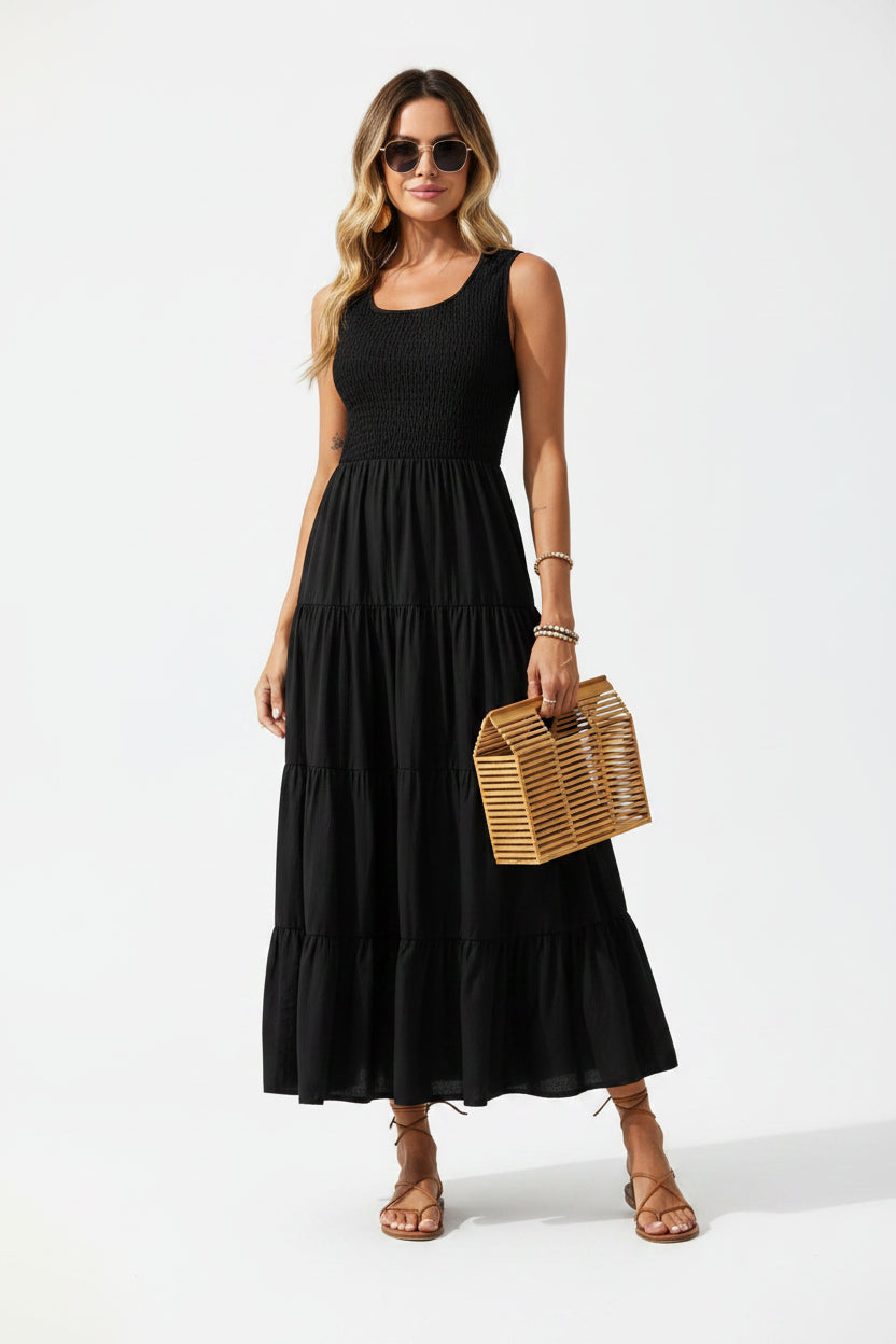 Robe longue femme avec smocks et volants sans manches | Coupe féminine + Style élégant + Facile à accessoiriser – ROBEMODE