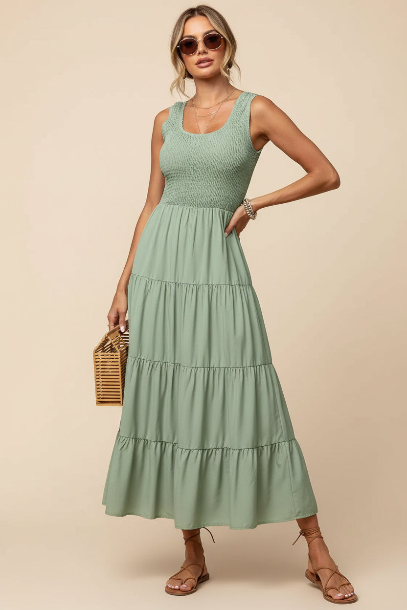 Robe longue femme avec smocks et volants sans manches | Coupe féminine + Style élégant + Facile à accessoiriser – ROBEMODE