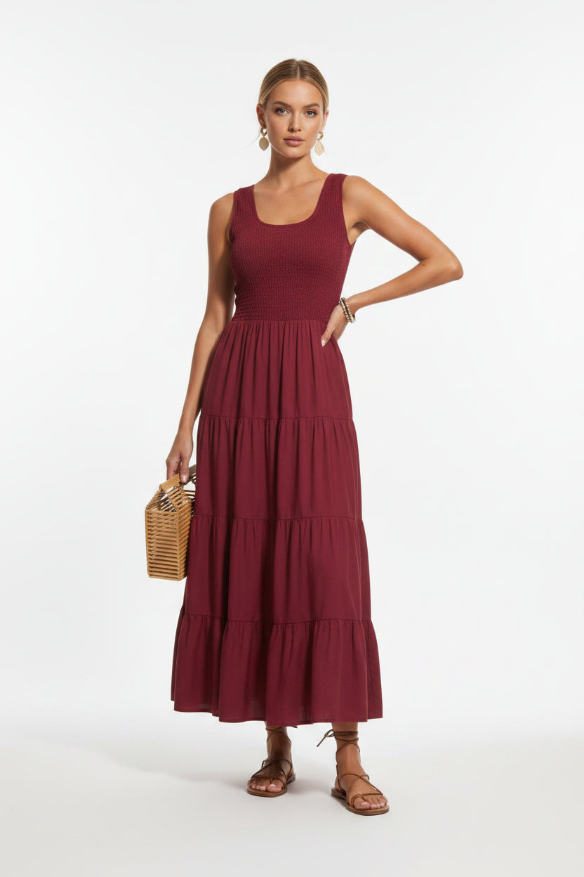 Robe longue femme avec smocks et volants sans manches | Coupe féminine + Style élégant + Facile à accessoiriser – ROBEMODE