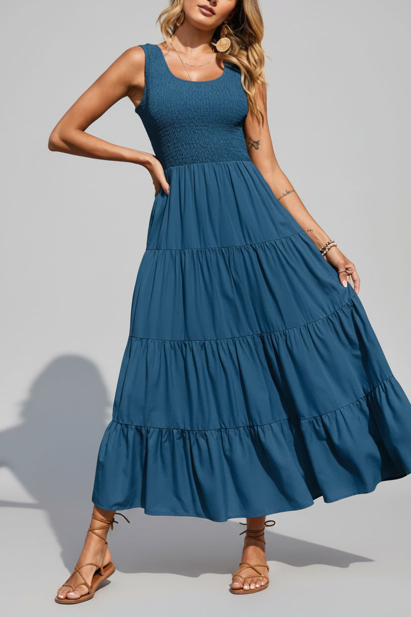 Robe longue femme avec smocks et volants sans manches | Coupe féminine + Style élégant + Facile à accessoiriser – ROBEMODE