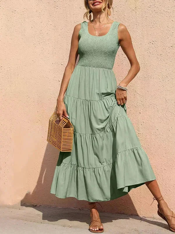 Robe longue femme avec smocks et volants sans manches | Coupe féminine + Style élégant + Facile à accessoiriser – ROBEMODE