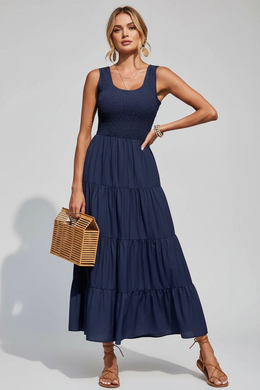 Robe longue femme avec smocks et volants sans manches | Coupe féminine + Style élégant + Facile à accessoiriser – ROBEMODE