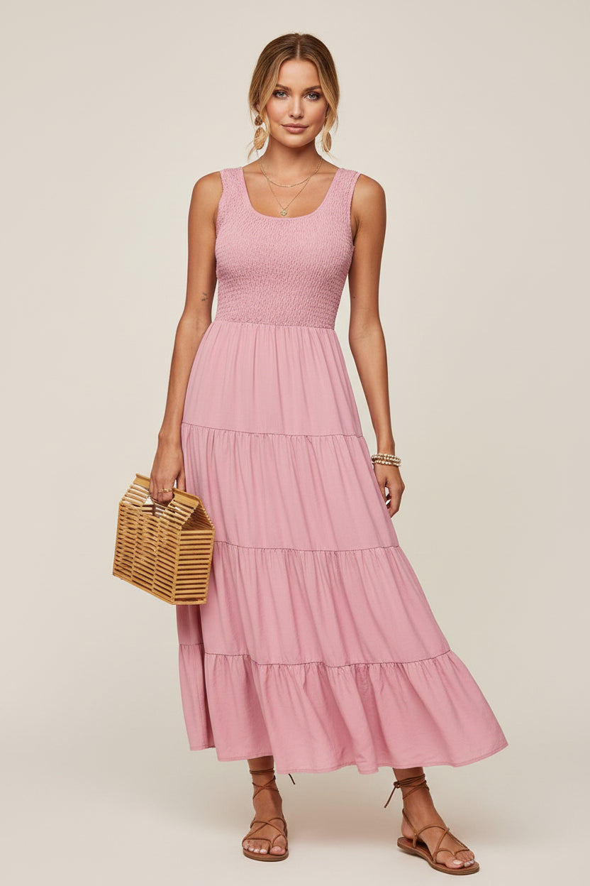 Robe longue femme avec smocks et volants sans manches | Coupe féminine + Style élégant + Facile à accessoiriser – ROBEMODE