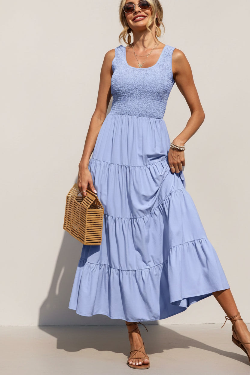 Robe longue femme avec smocks et volants sans manches | Coupe féminine + Style élégant + Facile à accessoiriser – ROBEMODE
