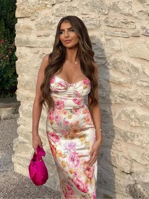 Robe longue femme satinée motifs floraux roses sans manches | ROBEMODE