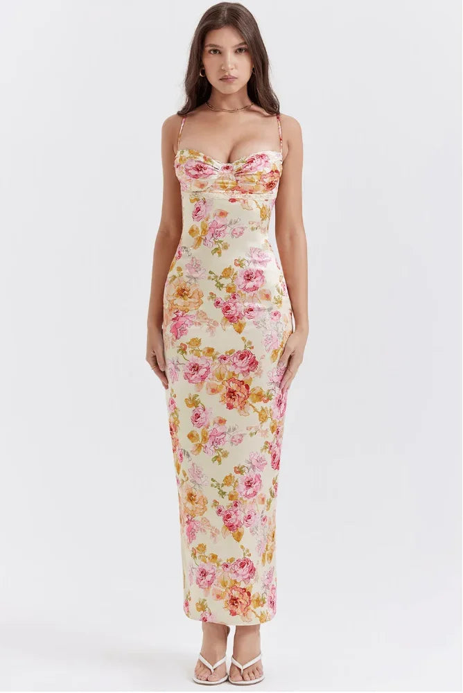Robe longue femme satinée motifs floraux roses sans manches | ROBEMODE