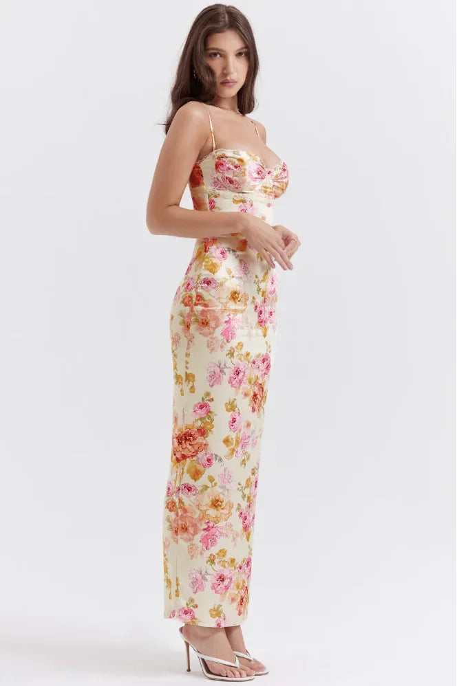 Robe longue femme satinée motifs floraux roses sans manches | ROBEMODE