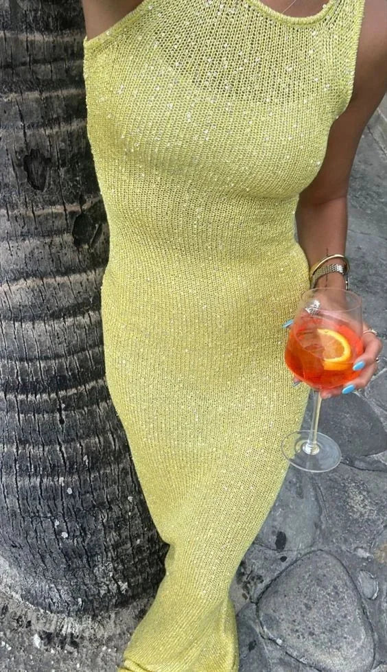 Robe Longue Scintillante Sans Manches Encolure Plongeante | ROBEMODE
