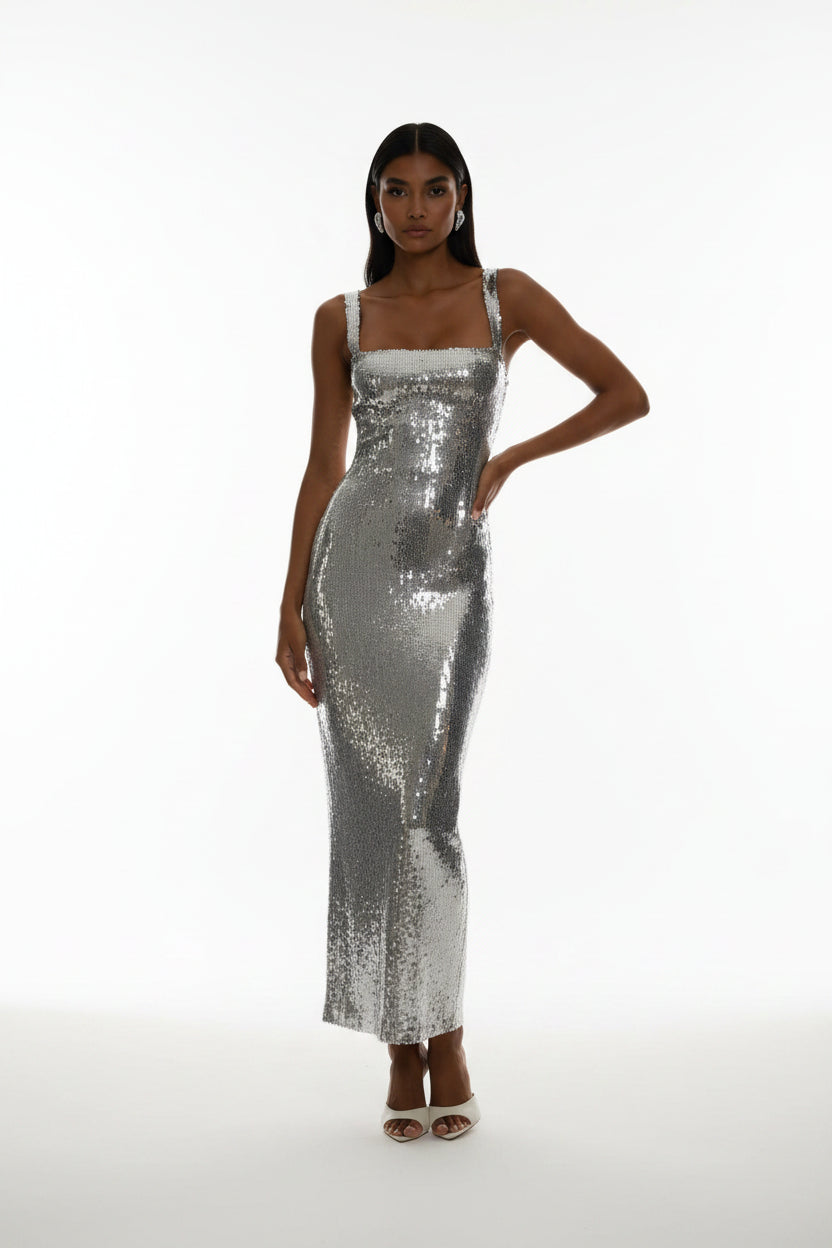 Robe Longue Sequins Dos Nu Bretelles Larges Soirée 2 Coloris | ROBEMODE