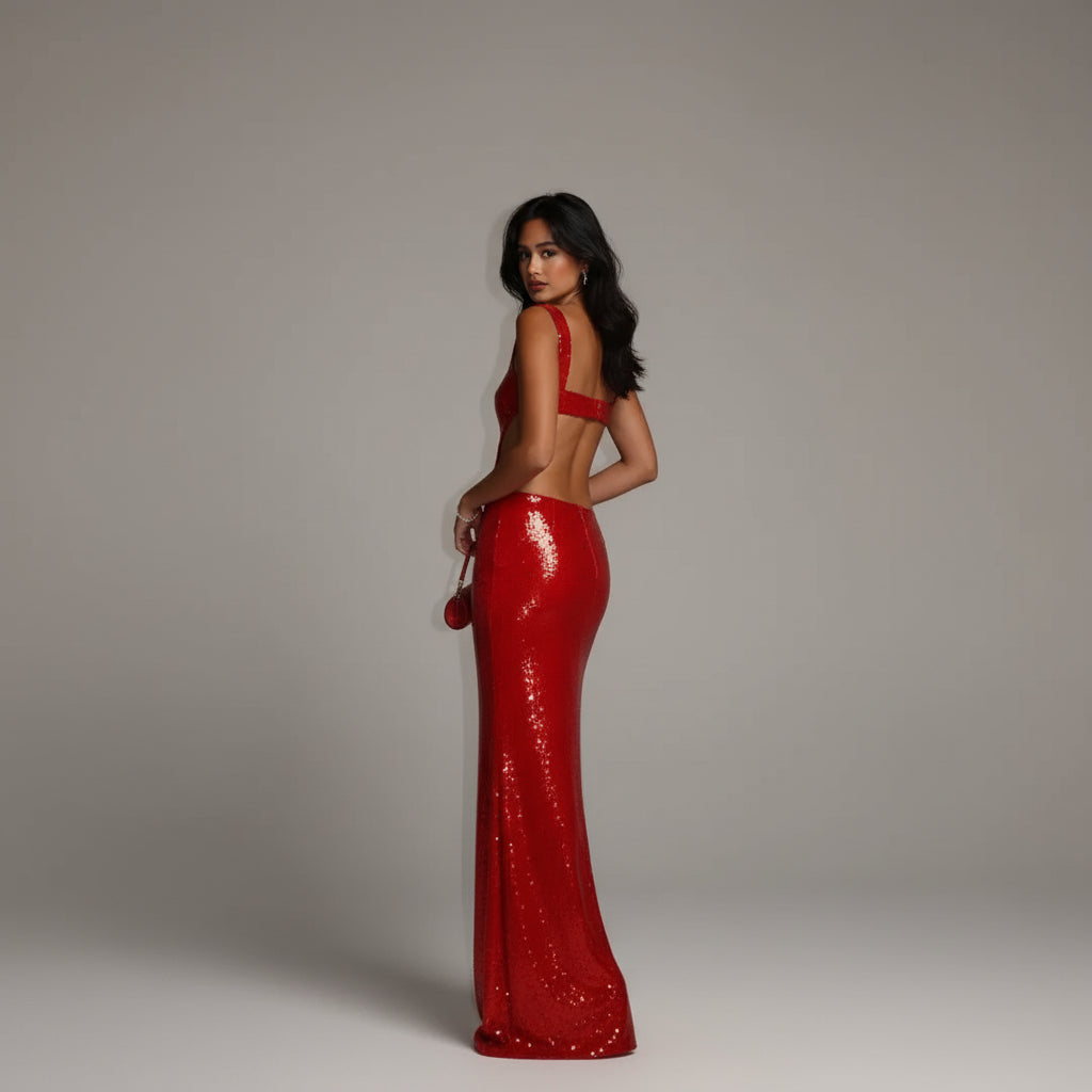Robe Longue Sequins Dos Nu Bretelles Larges Soirée 2 Coloris | ROBEMODE